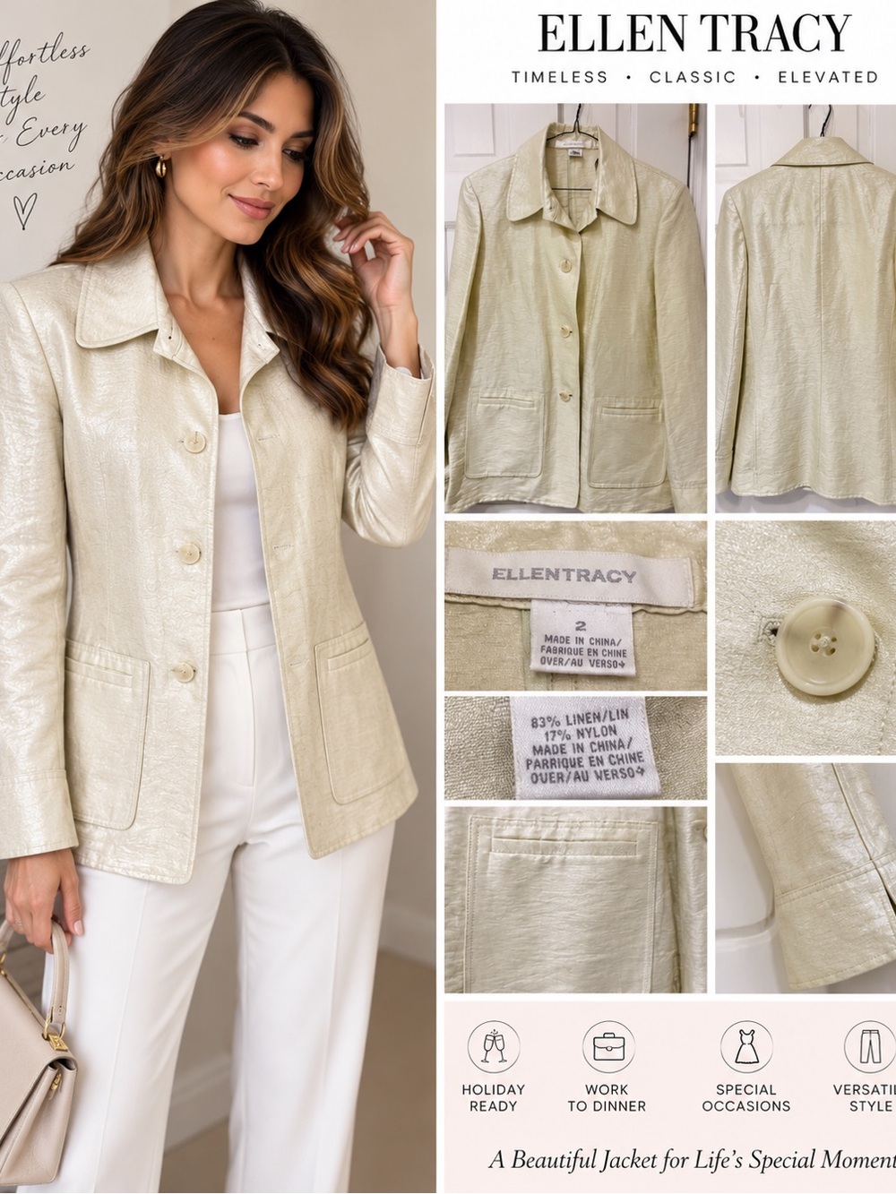 Ellen Tracy Size 2 Linen Shimmer Jacket Generous Fit 8/10 Champagne Holiday